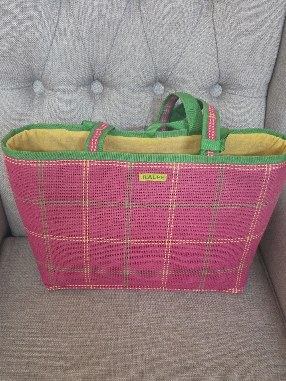 Ralph Lauren Y2k-era, Woven Straw Plaid Beach Tote Bag